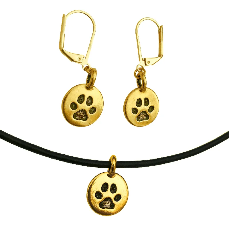 exclusive diamond earrings -DragonWeave Paw Circle Charm Necklace and Earring Set, Gold Plated Black Leather Choker and Leverback Earrings