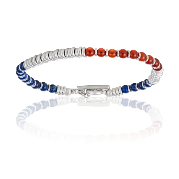 Lapiz Lazuli & Red Agata Stone Beaded Bracelet with White Gold  [PEPSI]