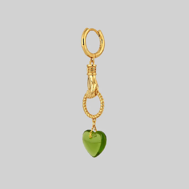 luxury ear cuffs -UNITE. Hand Grasping Green Glass Heart Earrings - Gold