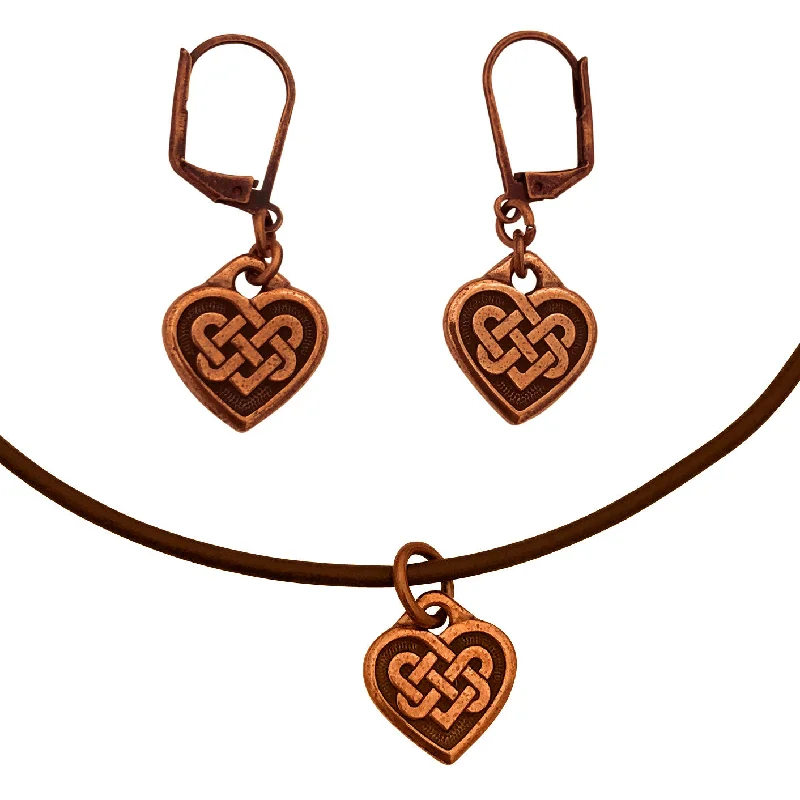 fashion earrings for women -DragonWeave Celtic Heart Charm Necklace and Earring Set, Antique Copper Brown Leather Choker and Leverback Earrings