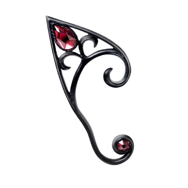 affordable hoop earrings -Elvyn Earwrap Black with Red Crystal Elven Ear Wrap Earring by Alchemy Gothic