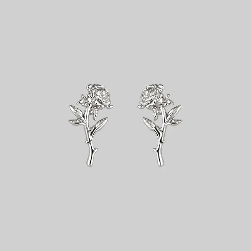 stylish earrings for women -AMOR. Rose Stem Stud Earrings - Silver