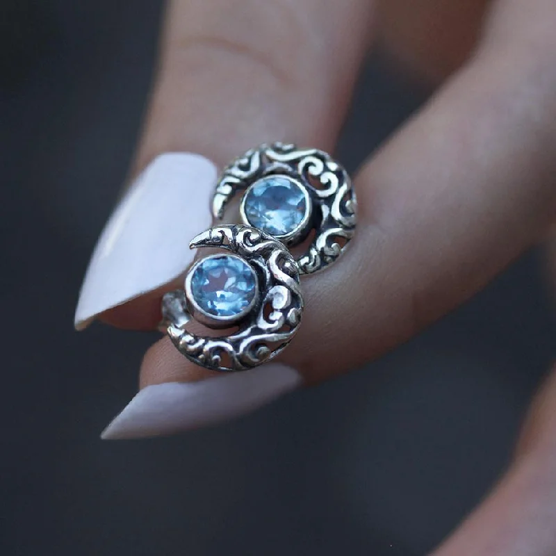 luxurious diamond earrings -WISDOM. Silver Moon Crescent Earrings - Blue Topaz