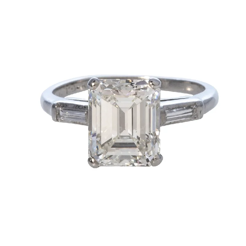 princess-cut diamond engagement rings -Estate 3ct Emerald-Cut & .10ct Baguette Side Diamond Platinum Ring