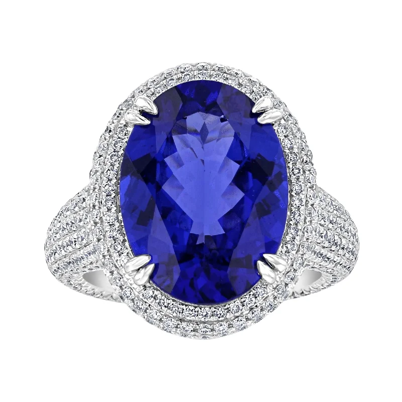 personalized engagement rings -18KT 9.47 CT TANZANITE & 2.83 CTW DIAMOND PAVÉ HALO ETERNITY RING