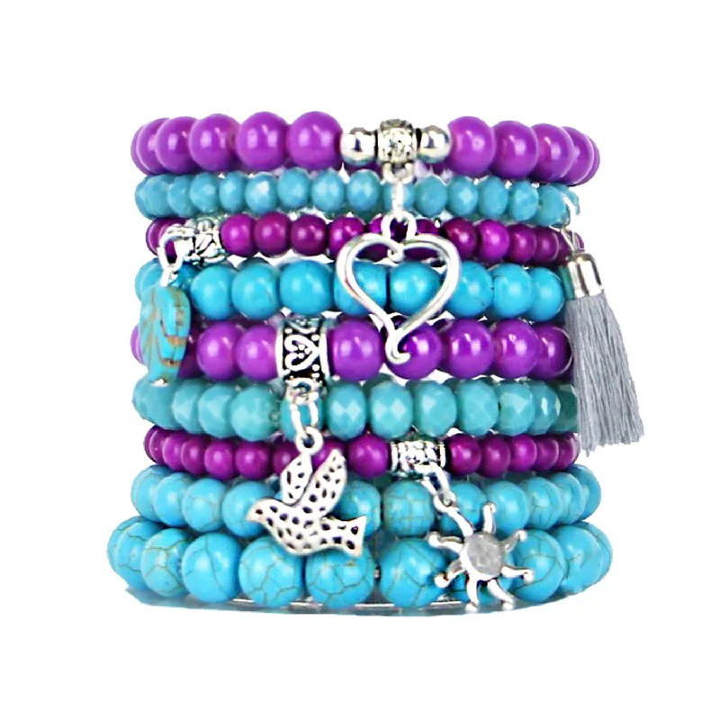 Beaded Bracelets Set of 9 Stretch Bracelets Bohemian Themed