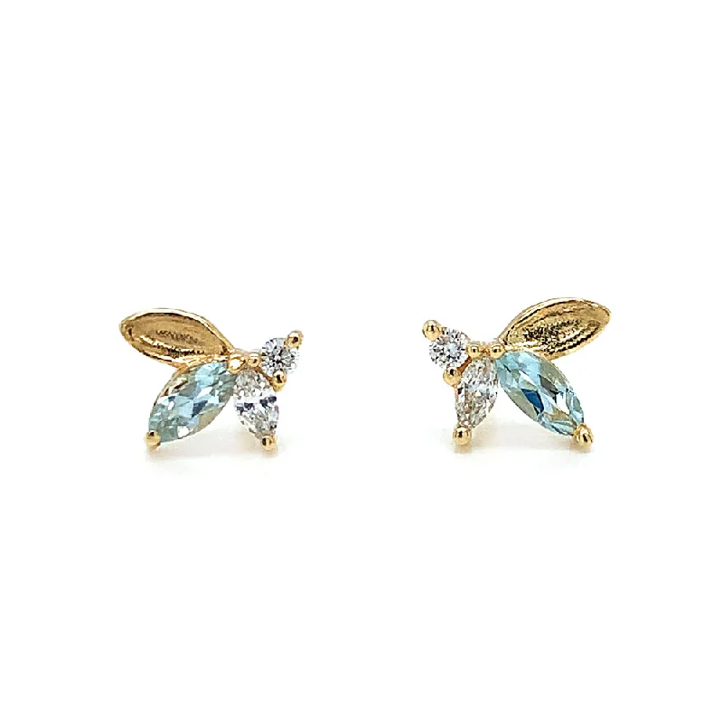 gold earrings for women -Diamond & Aquamarine Stud Earrings - "Monet's Lily Petals"