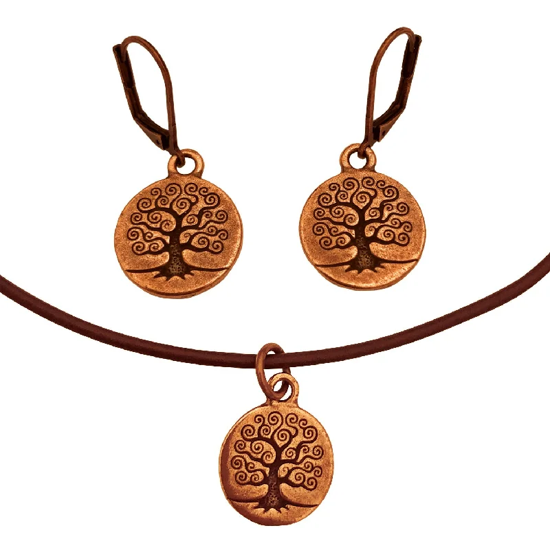 fashion earrings for women -DragonWeave Tree Circle Charm Necklace and Earring Set, Antique Copper Brown Leather Choker and Leverback Earrings