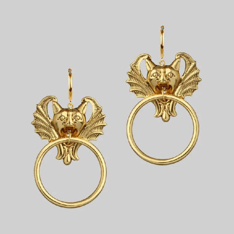 trendy gold earrings -DRAKKAR. Gargoyle Knocker Hoop Earrings - Gold