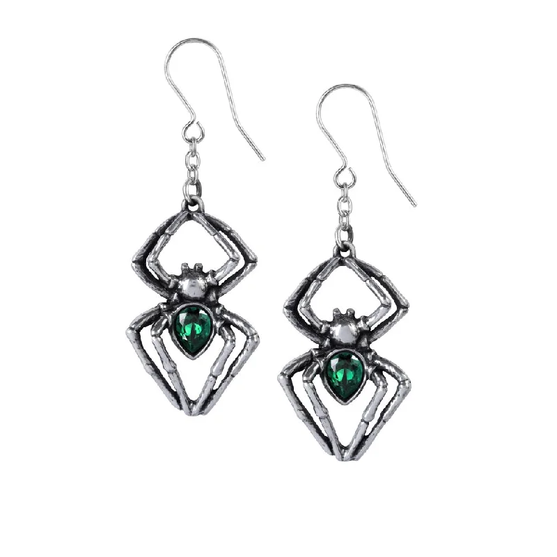 trendy gemstone earrings -Emerald Venom Green Crystal Spider Earrings by Alchemy Gothic