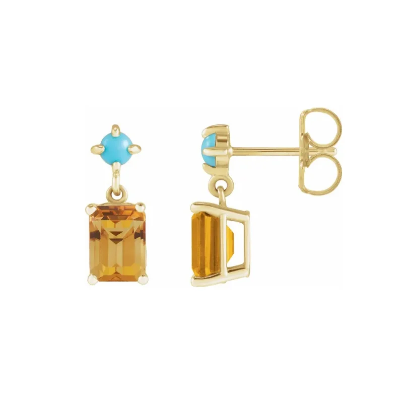 colorful gemstone earrings -Citrine & Turquoise Gold Stud Dangle Earrings