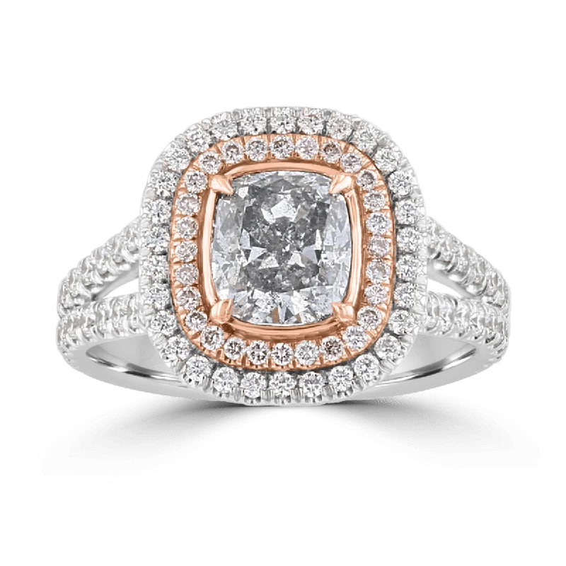 unique engagement rings for women -18KT WHITE GOLD 2.43 CTW GRAY, PINK, & NEAR COLORLESS DIAMOND HALO RING