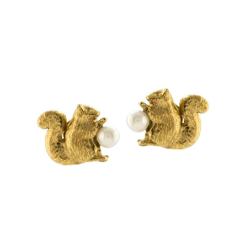 unique gemstone earrings -Gold Vermeil Stud Earrings - "Squirrels with Pearls"