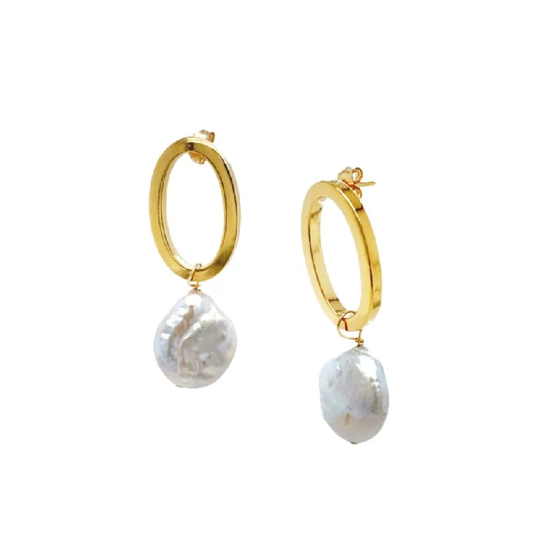 unique earrings for women -Yellow Gold Vermeil & Keishi Pearl Drop Oval Earrings - "Georgie"