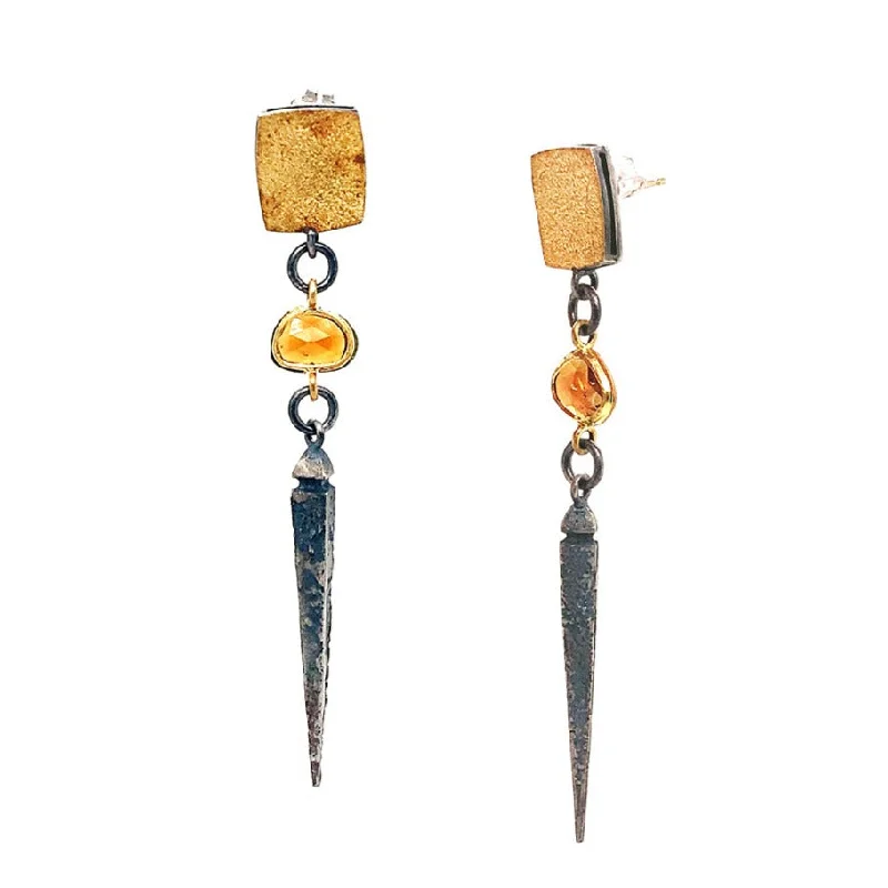 trendy gemstone earrings -Freeform Rose Cut Citrine Drop Earrings - "Vetus Sunshine"