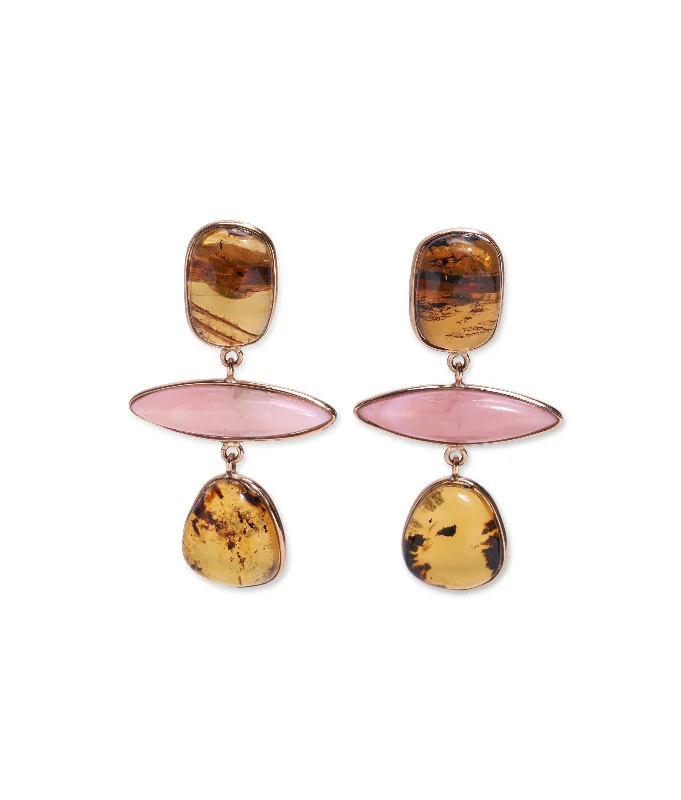 stylish statement earrings -14k Gold Amber & Pink Opal Earrings