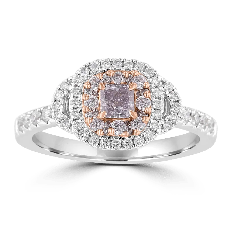 simple engagement rings -18KT TWO-TONE GOLD .72 CTW PINK DIAMOND DOUBLE HALO RING