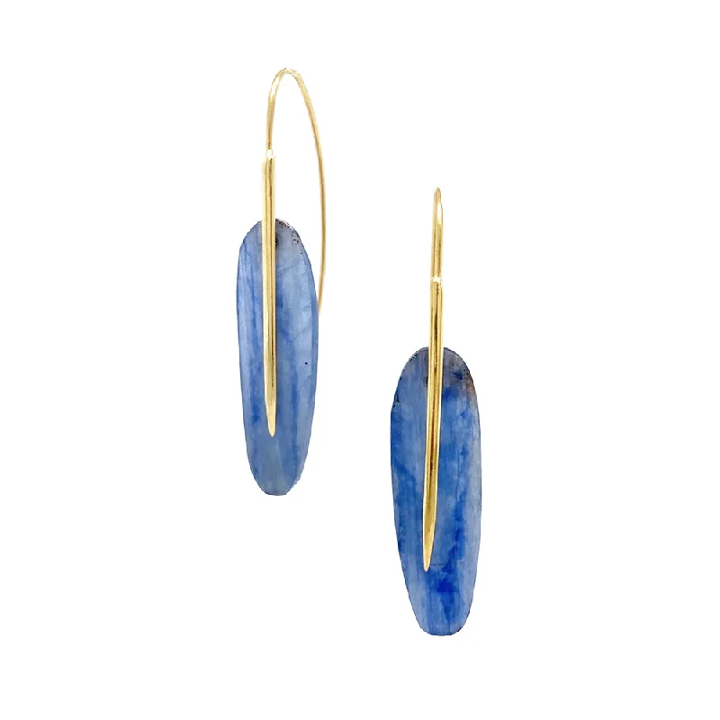 large stud earrings -Kyanite & Gold Drop Earrings - "Feather"