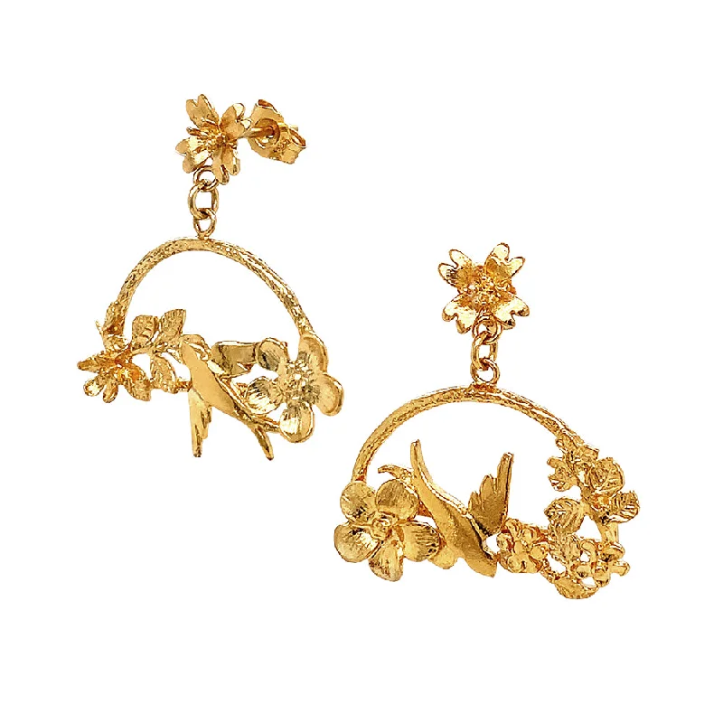 crystal drop earrings -One-Of-A-Kind Gold Vermeil Earrings -  "Swooping Bird Among Flowers"