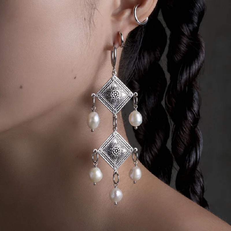 women’s gold drop earrings -BANQUET. Pearl Chandelier Hoop Earrings - Silver