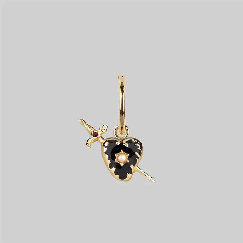 fashionable ear accessories -DEVOTION. Black Heart & Sword Hoop Earrings - Gold