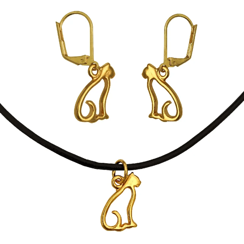 trendy stud earrings -DragonWeave Cat Charm Necklace and Earring Set, Gold Plated Black Leather Choker and Leverback Earrings