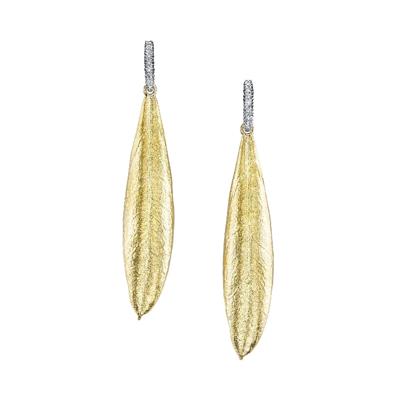 bridal jewelry earrings -Yellow Gold & Diamond Earrings - "Athena Olive Leaves"