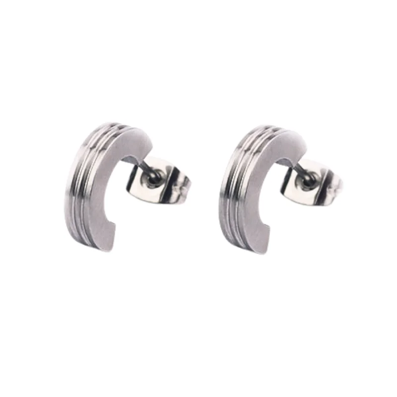 trendy stud earrings -Narrow Edged Stainless Steel Earrings "Semi-Arc Studs with Grooves"