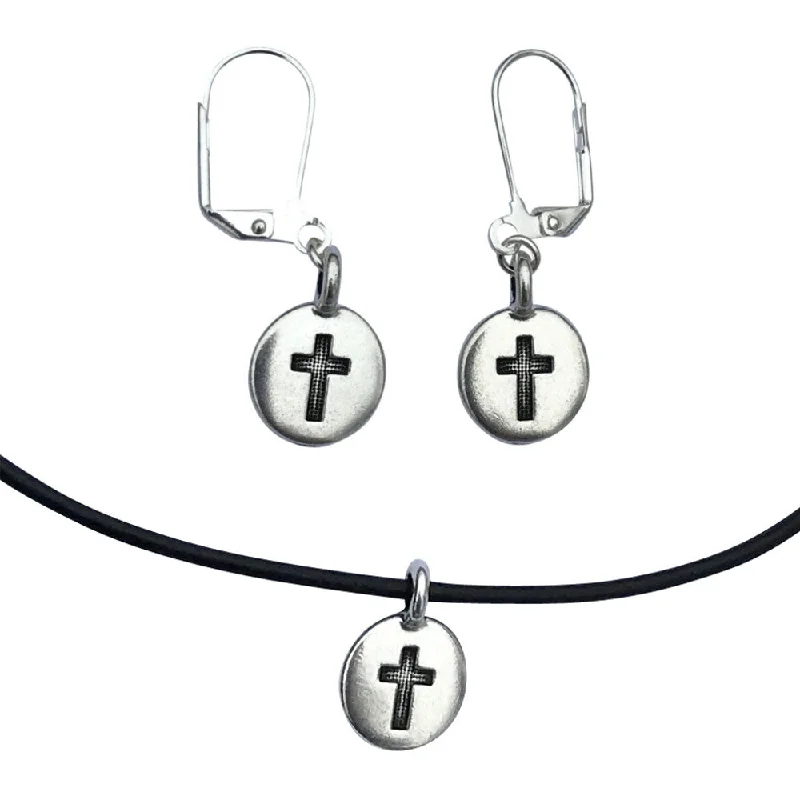 affordable earrings for women -DragonWeave Cross Circle Charm Necklace and Earring Set, Silver Plated Black Leather Choker and Leverback Earrings