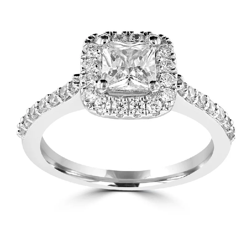 custom engagement rings -14KT WHITE GOLD 1 1/4 CTW PRINCESS CUT DIAMOND ACCENT HALO RING