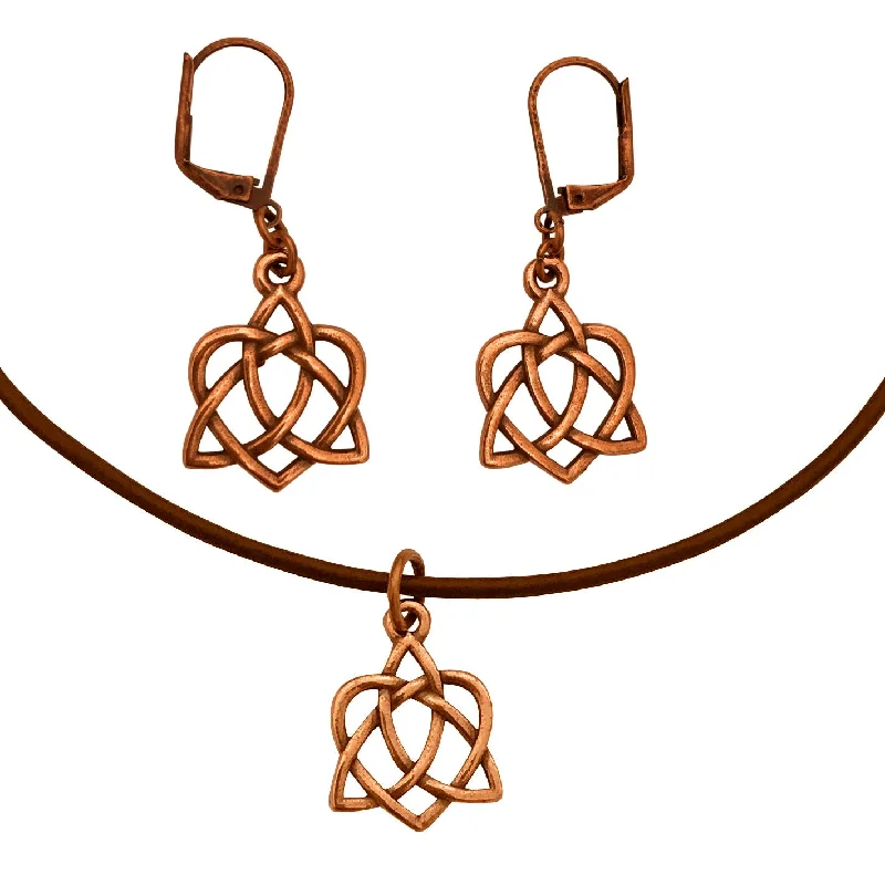 bridal earrings for women -DragonWeave Celtic Heart Open Knot Charm Necklace and Earring Set, Antique Copper Brown Leather Choker and Leverback Earrings