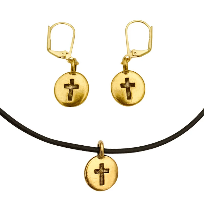 unique earrings for women -DragonWeave Cross Circle Charm Necklace and Earring Set, Gold Plated Black Leather Choker and Leverback Earrings