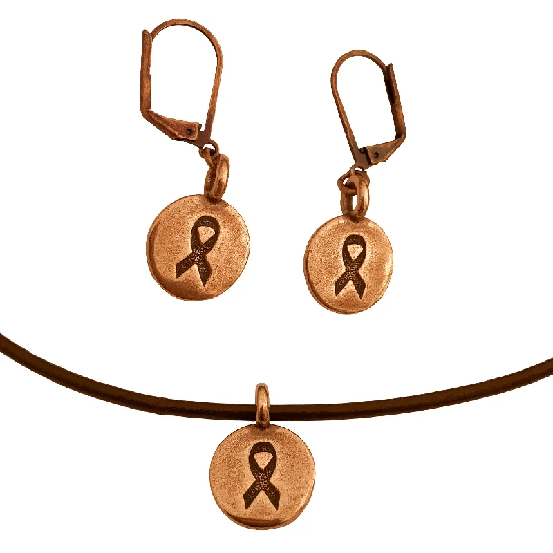 stylish earrings for women -DragonWeave Ribbon Circle Charm Necklace and Earring Set, Antique Copper Brown Leather Choker and Leverback Earrings