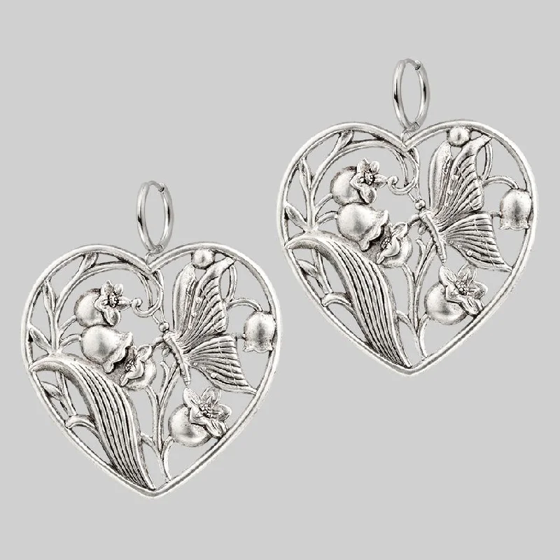 stylish statement earrings -EPHEMERA. Blooming Heart Hoop Earrings - Silver