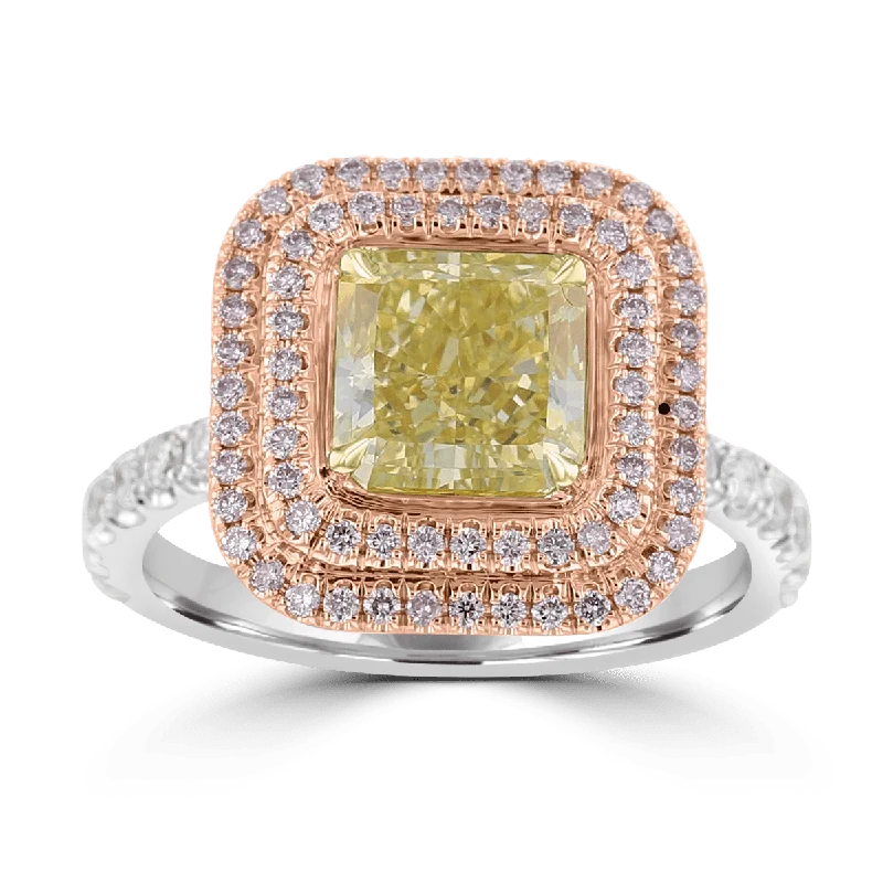 wedding engagement rings sets -18KT TWO-TONE GOLD 2.75 CTW GREENISH YELLOW & PINK DIAMOND DOUBLE HALO RING