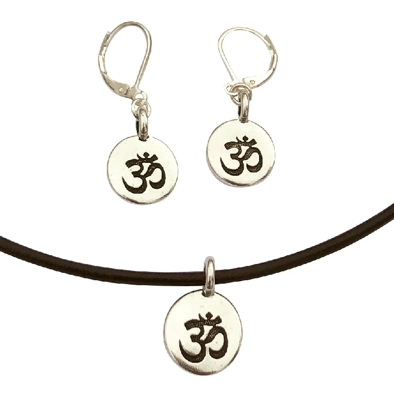 women’s pearl stud earrings -DragonWeave Om/Ohm Symbol Circle Charm Necklace and Earring Set, Silver Plated Black Leather Choker and Leverback Earrings