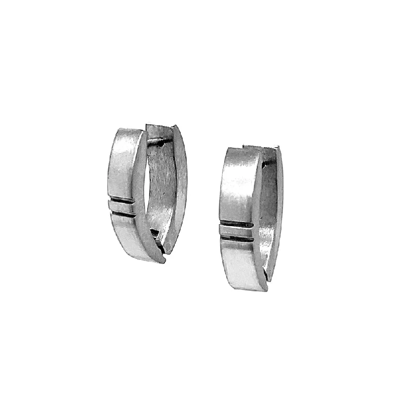 personalized earrings for women -Small Stainless Steel Huggie Earrings - "Marquise with Grooves"