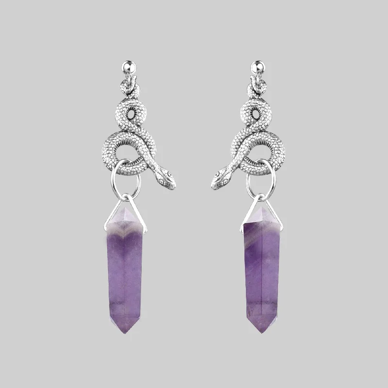 crystal hoop earrings -MERTLE. Snake Wrap Amethyst Earrings