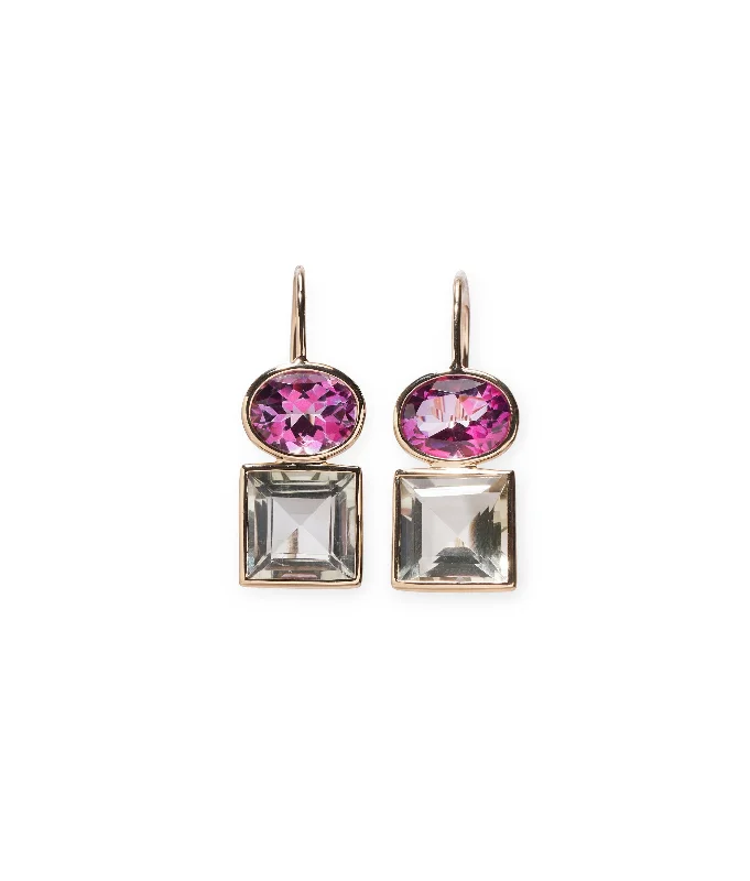 stylish earrings for women -14k Gold Duo Earrings in Pink Topaz and Green Amethyst