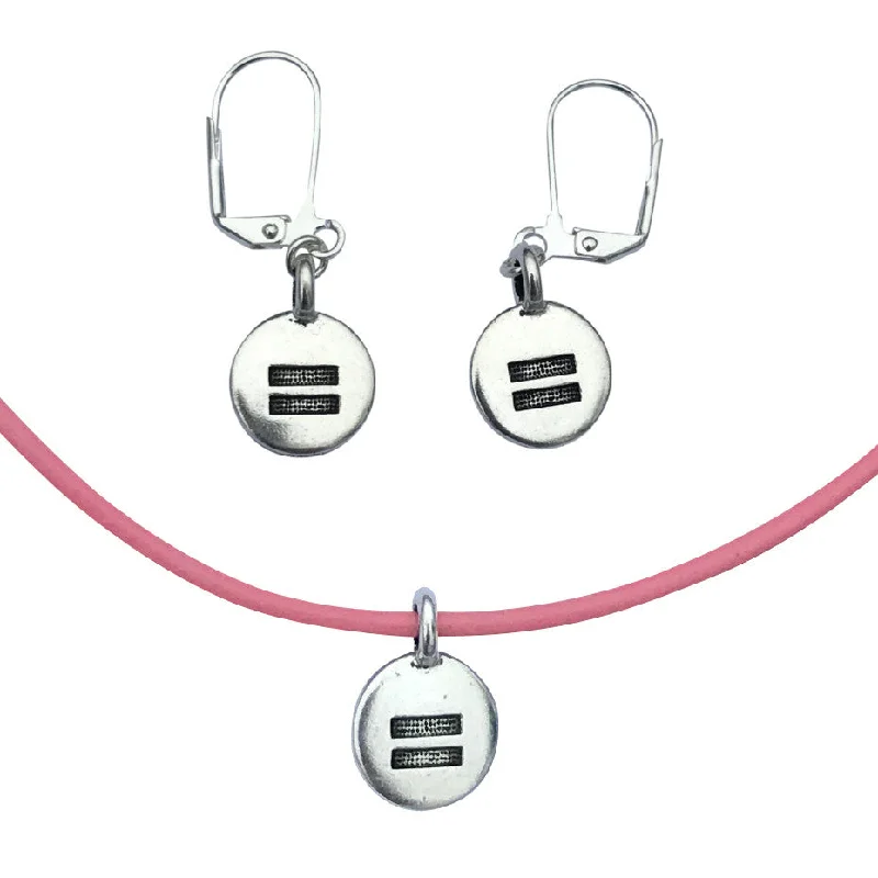 stylish ear cuffs -DragonWeave Equality Circle Charm Necklace and Earring Set, Silver Plated Pink Leather Choker and Leverback Earrings