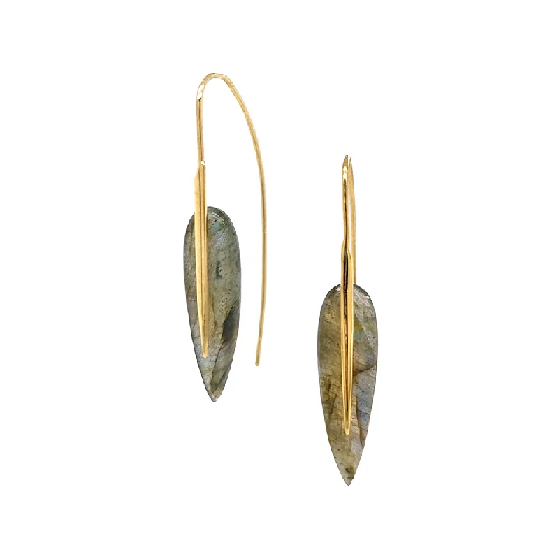 women’s pearl stud earrings -Labradorite & Yellow Gold Drop Earrings - "Medium Feather"