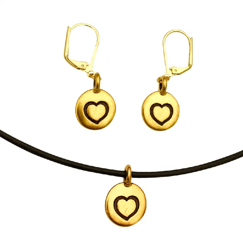 cubic zirconia earrings -DragonWeave Heart Circle Charm Necklace and Earring Set, Gold Plated Black Leather Choker and Leverback Earrings