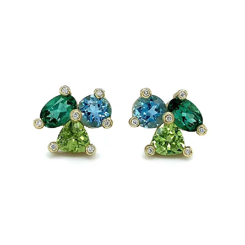 bridal jewelry earrings -Aquamarine, Green Topaz, and Peridot Studs - "Clover"