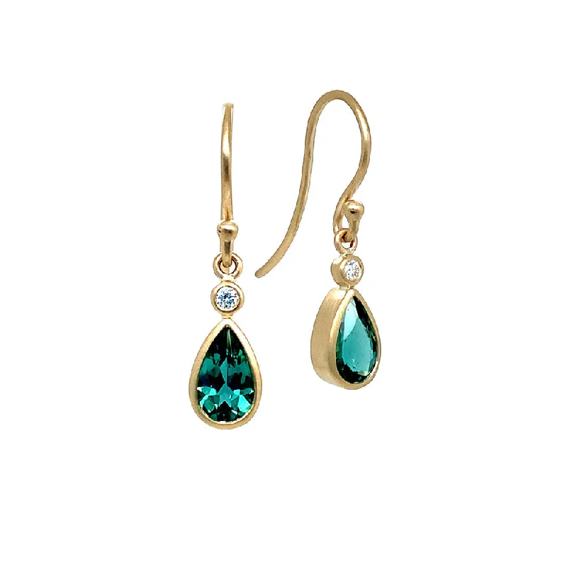 minimalist earrings for women -14K Yellow Gold Green Tourmaline and Diamond Earrings - "Queen's Elegance"