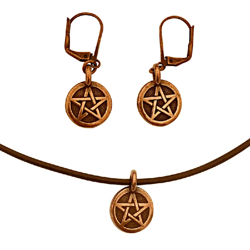 sparkling diamond stud earrings -DragonWeave Pentagram Circle Charm Necklace and Earring Set, Antique Copper Brown Leather Choker and Leverback Earrings