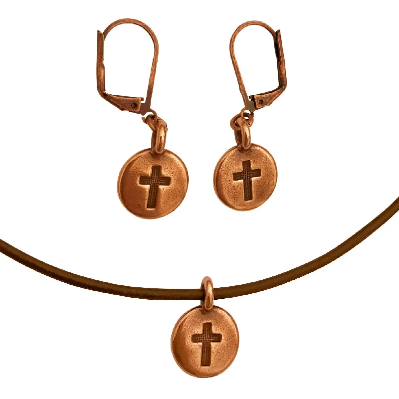 chic bar earrings -DragonWeave Cross Circle Charm Necklace and Earring Set, Antique Copper Brown Leather Choker and Leverback Earrings