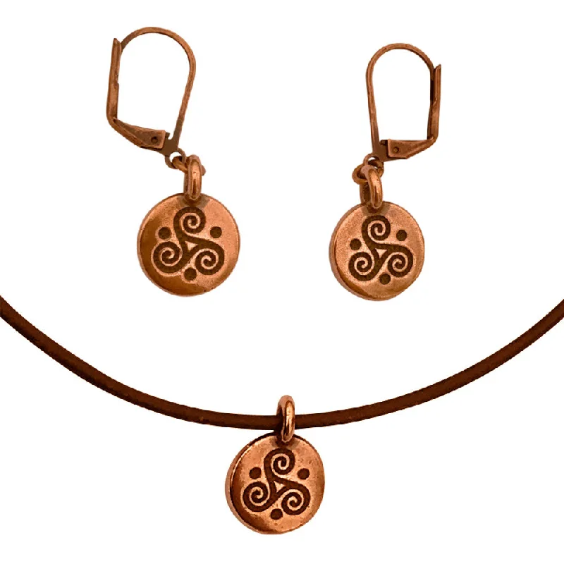 gemstone earrings for women -DragonWeave Celtic Triskele Circle Charm Necklace and Earring Set, Antique Copper Brown Leather Choker and Leverback Earrings