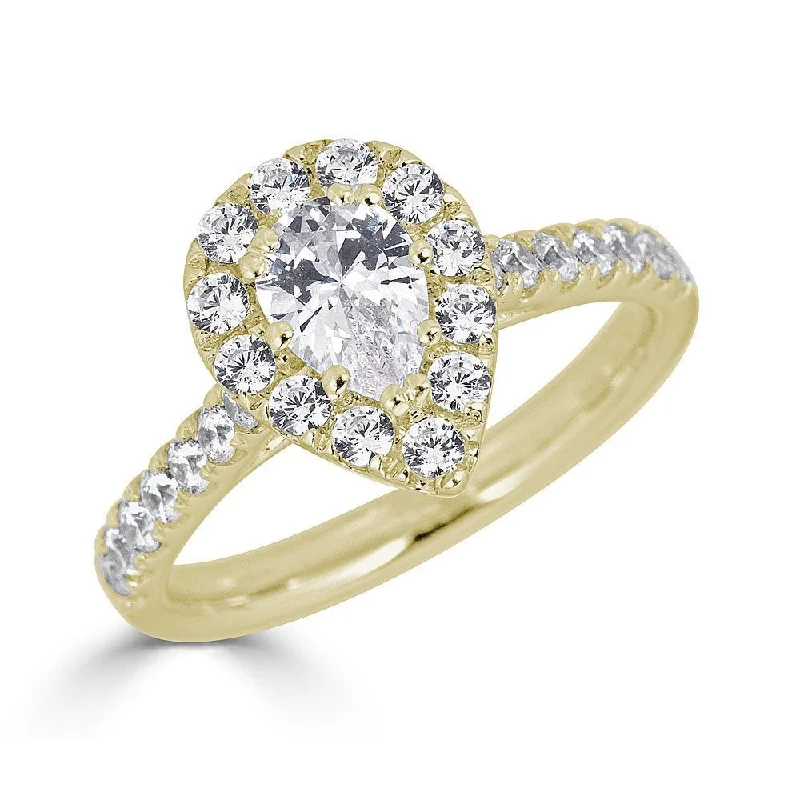 engagement rings with colored stones -JULEVE 14KT GOLD 1.50 CTW DIAMOND PEAR HALO CATHEDRAL RING