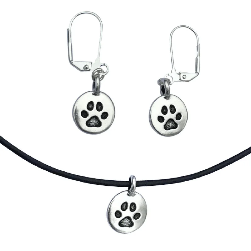 crystal hoop earrings -DragonWeave Paw Circle Charm Necklace and Earring Set, Silver Plated Black Leather Choker and Leverback Earrings