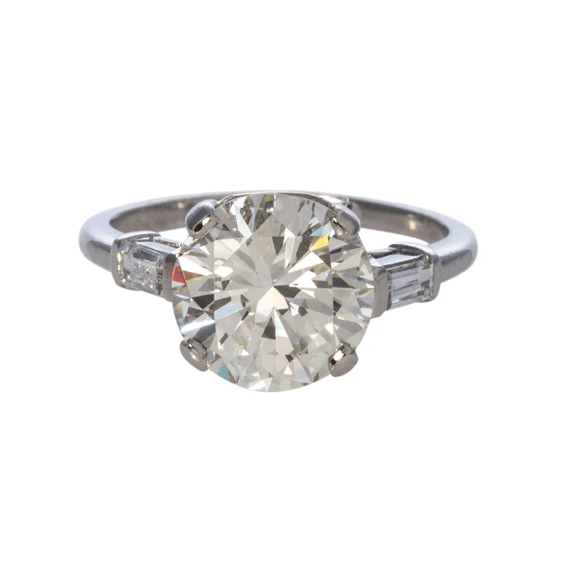 women engagement rings -Estate 3.18ct Round Brilliant & .22ct Baguette Side Diamond Platinum Ring